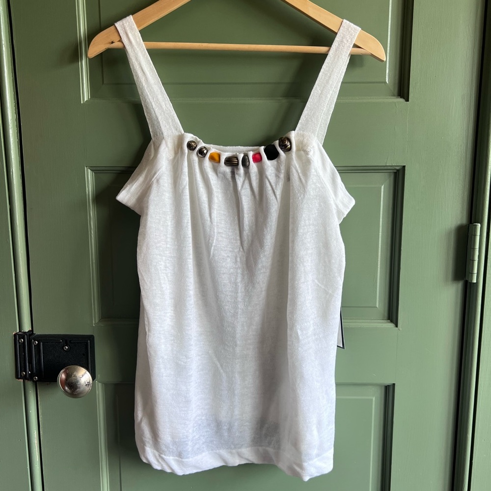Christopher Fischer White Linen Knit Embellished Tank Sz L NWT